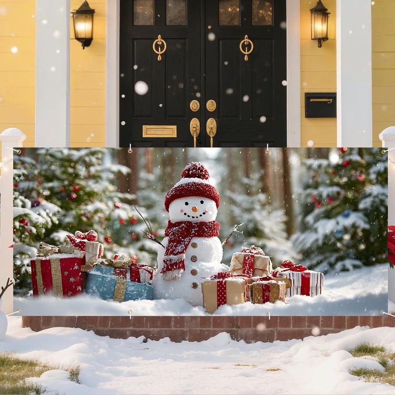 THISFIND Christmas Snowman Garage Door Banner – Holiday Outdoor Decoration with Gifts, Snowy Trees & Festive Charm - Image 3